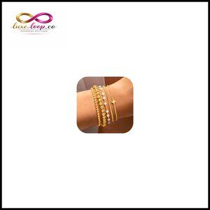 14K Gold Plated Beaded Bracelet Set, 5 Stretch Bracelets, Adjustable